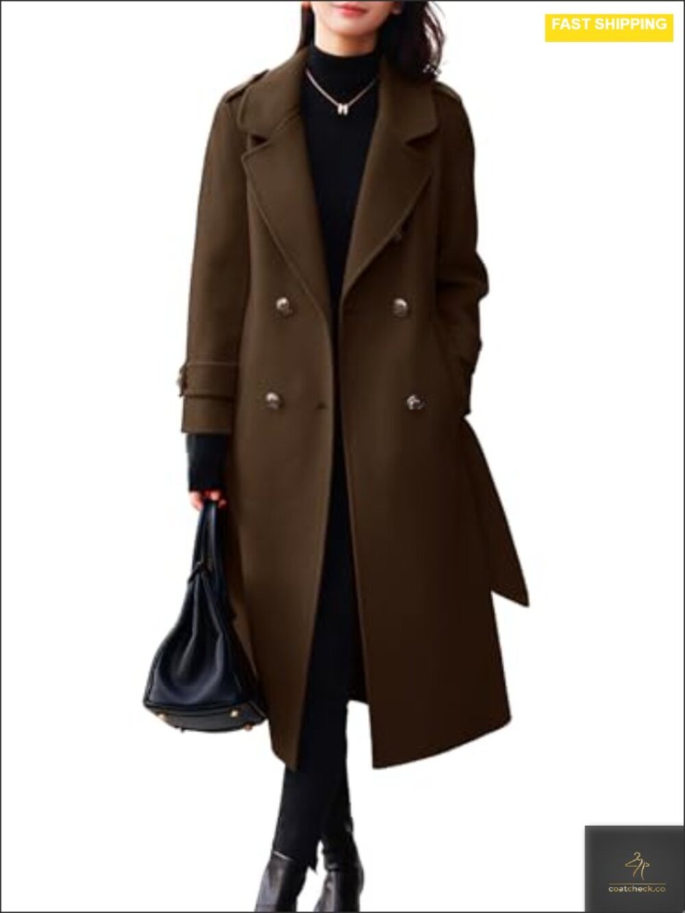 Women's Winter Belted Wool Peacoat Double Breasted Midi Long Trench Coat